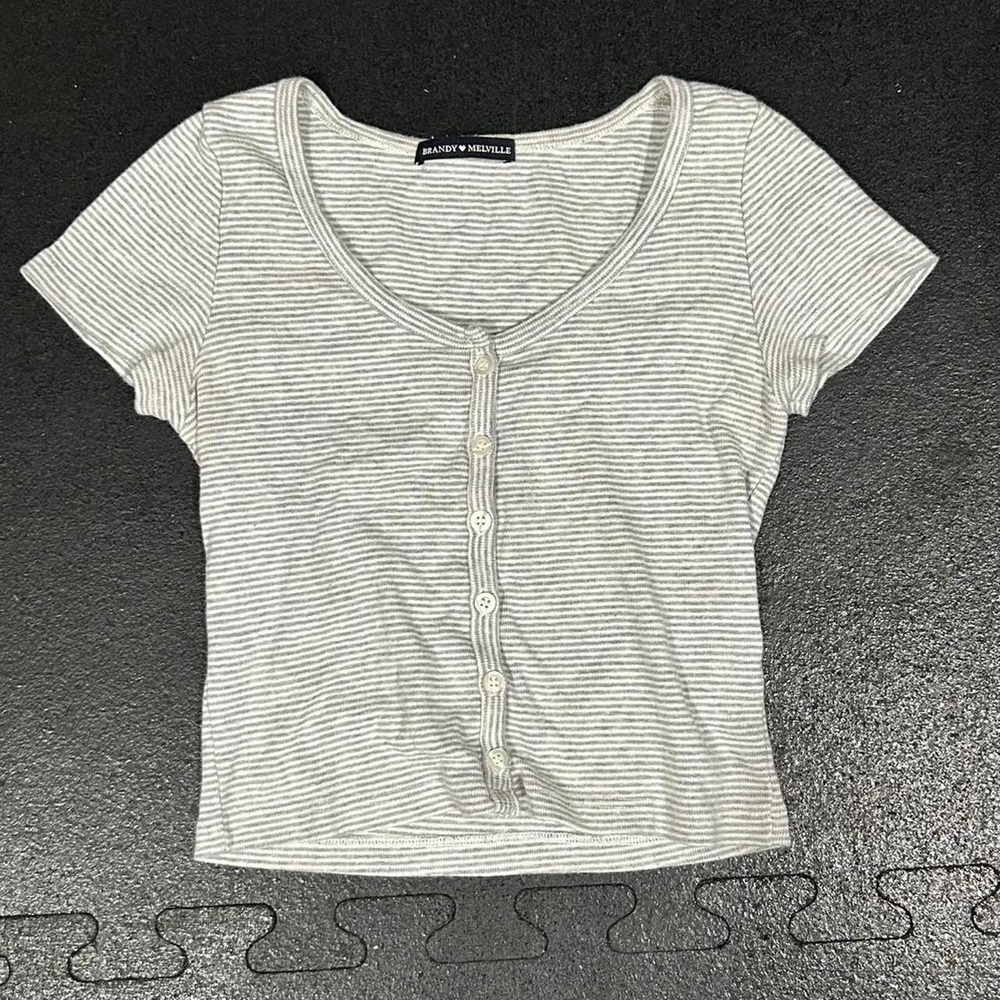 Brandy Melville Grey White Striped Baby Button Up Tee Shirt Y2K One Size
